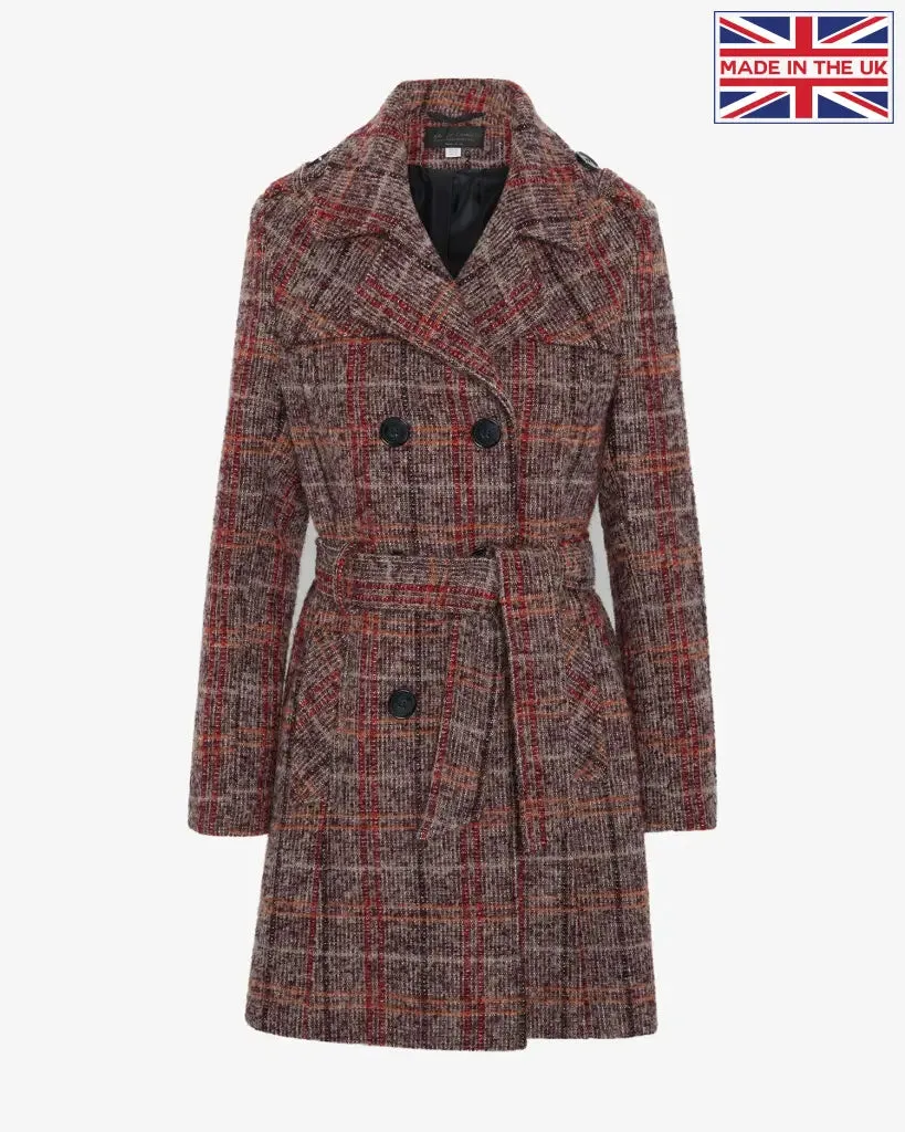 Wool Blend Check Double Breasted Military Coat