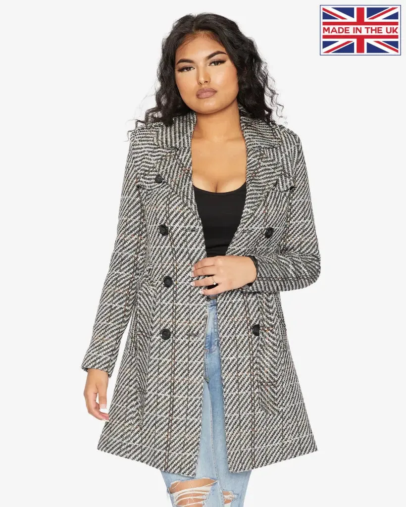 Wool Blend Check Double Breasted Military Coat