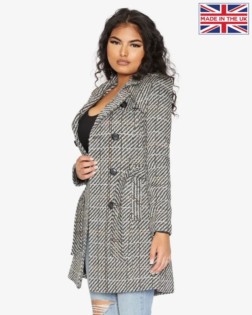 Wool Blend Check Double Breasted Military Coat