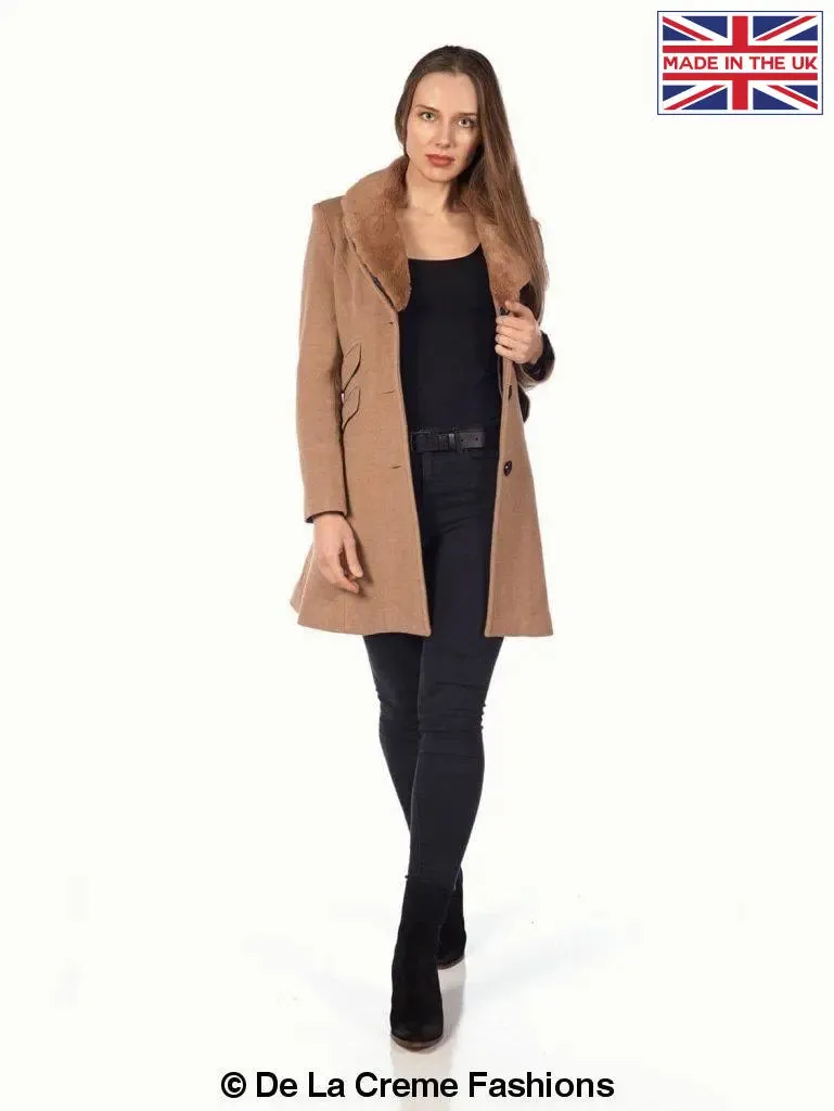 Wool Blend Faux Fur Collar Midi Coat