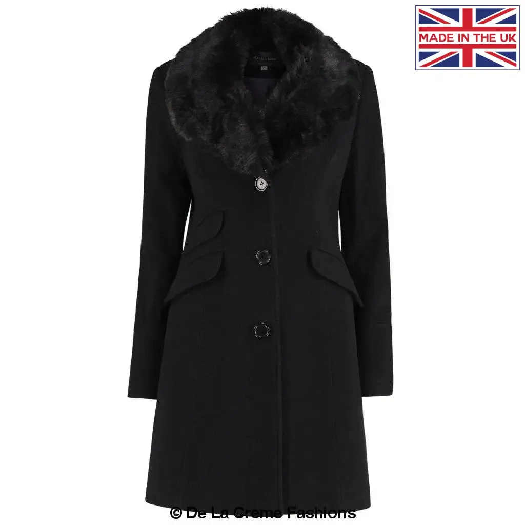 Wool Blend Faux Fur Collar Midi Coat