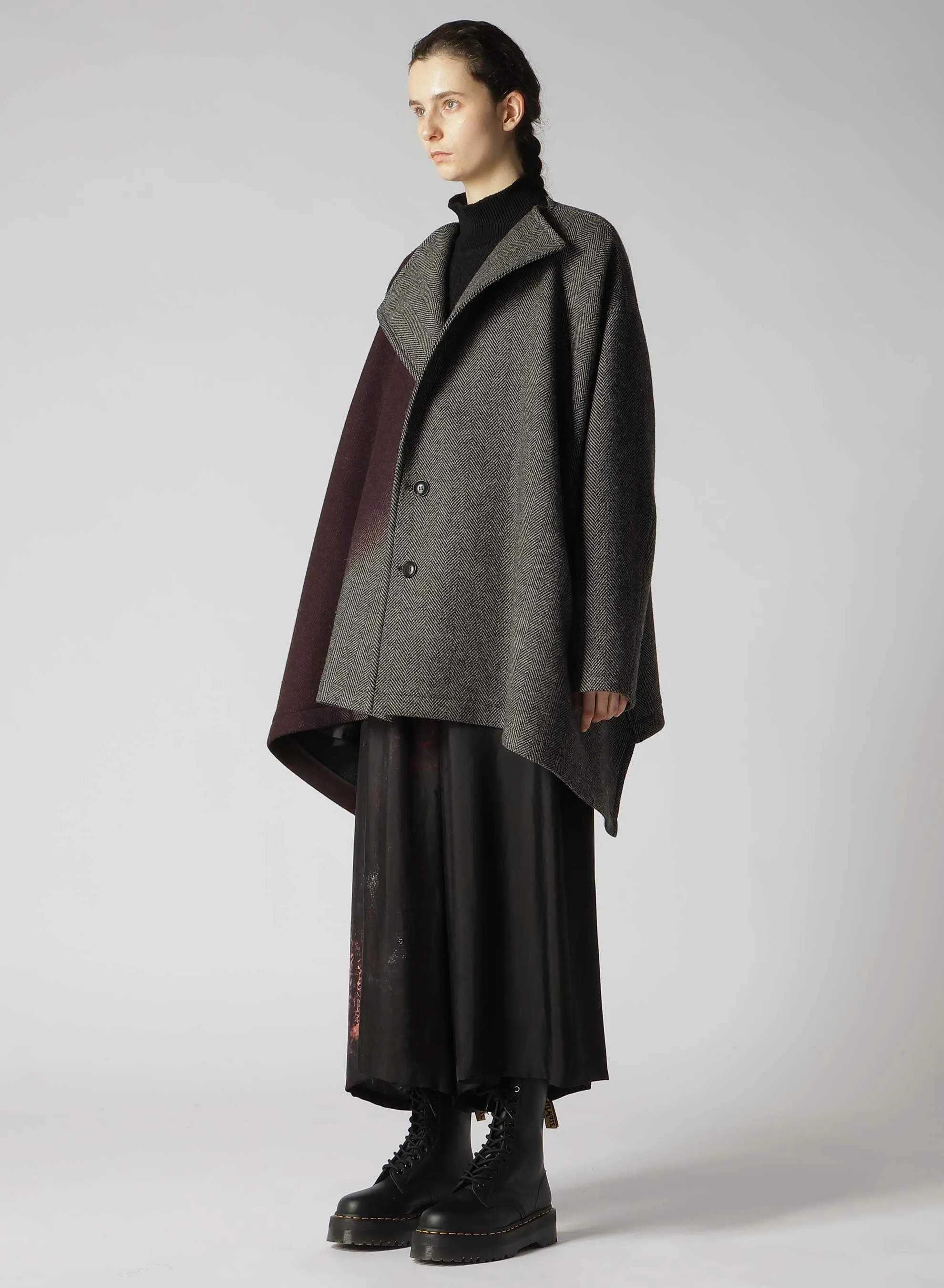 WOOL HERRINGBONE GRADATION COLLARLESS COAT