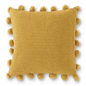 Yellow Moss Stitch Knit Cushion with Pompom Border